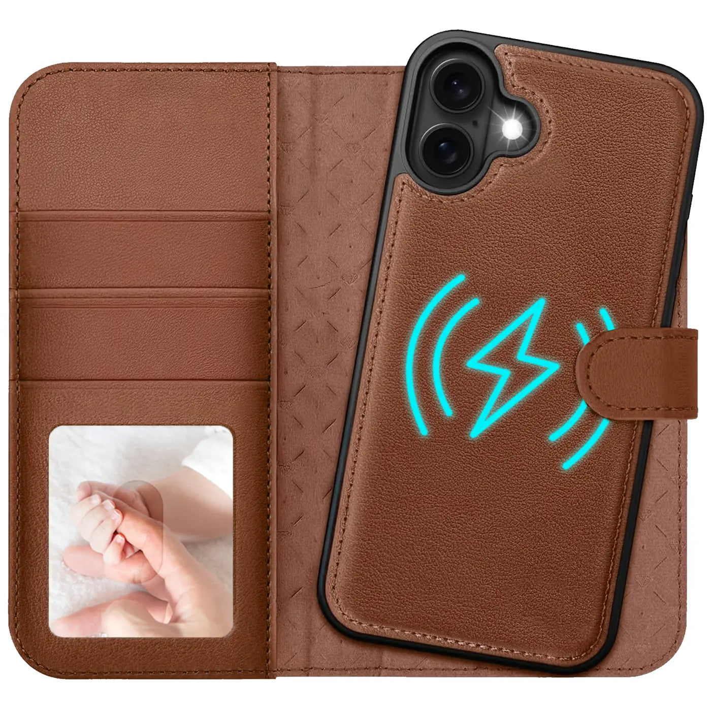 Braune Leder-Klapphülle mit Kartenfach und MagSafe-Symbol auf einem iPhone.