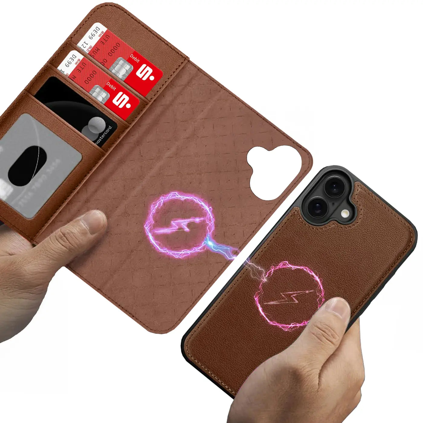 Braune Leder-Klapphülle mit Kartenfach und MagSafe-Symbol auf iPhone 17.