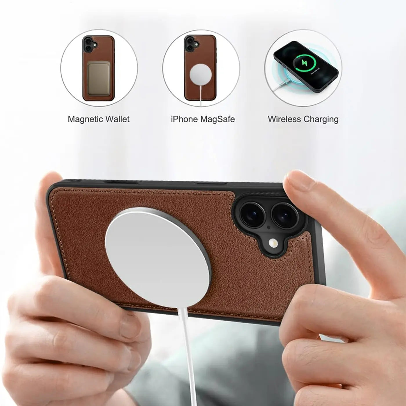 Braune Lederhülle mit MagSafe-Ladegerät an einem Smartphone, von hinten gesehen.