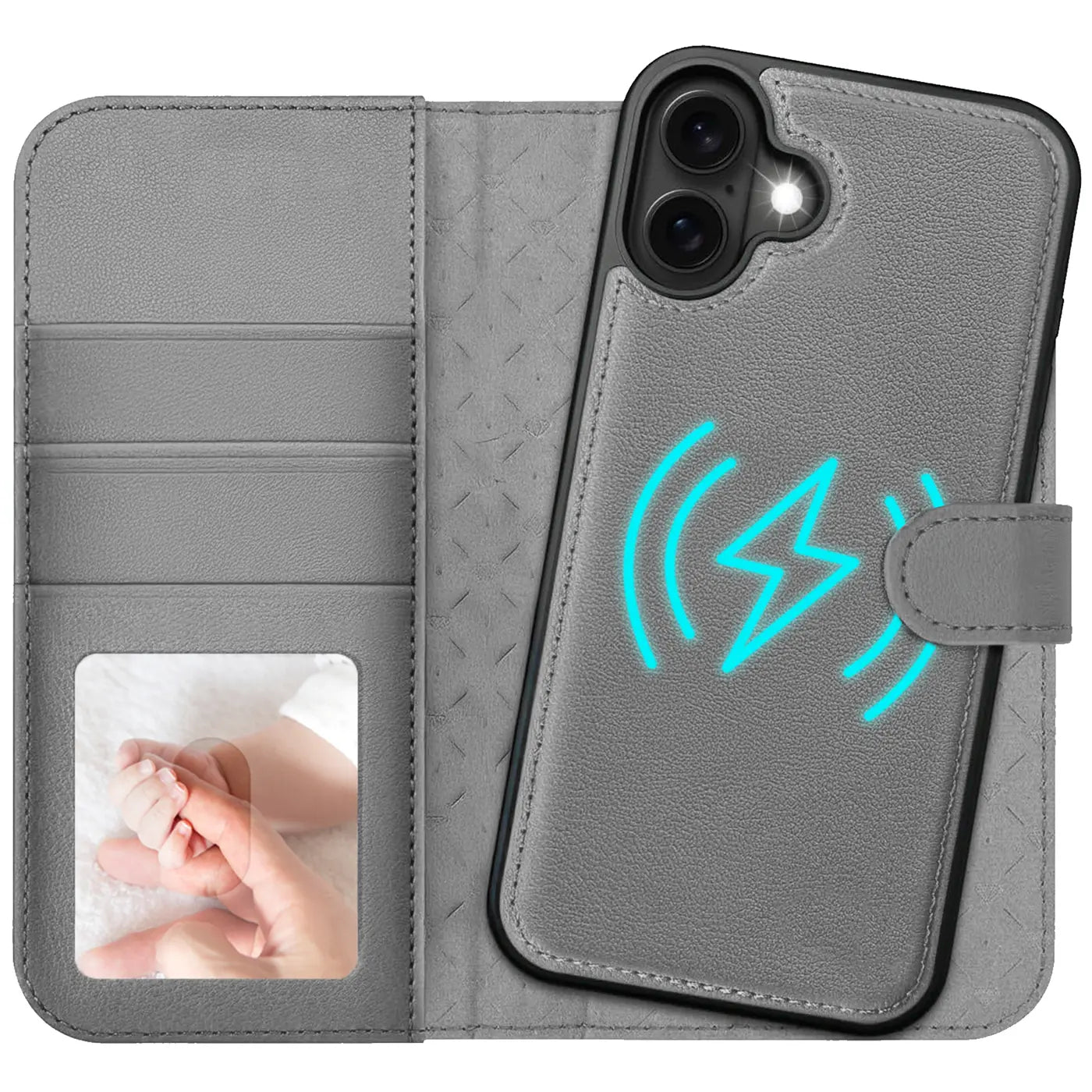 Graue Kunstleder-Klapphülle mit Kartenfach und MagSafe-Symbol auf Rückseite eines iPhones.