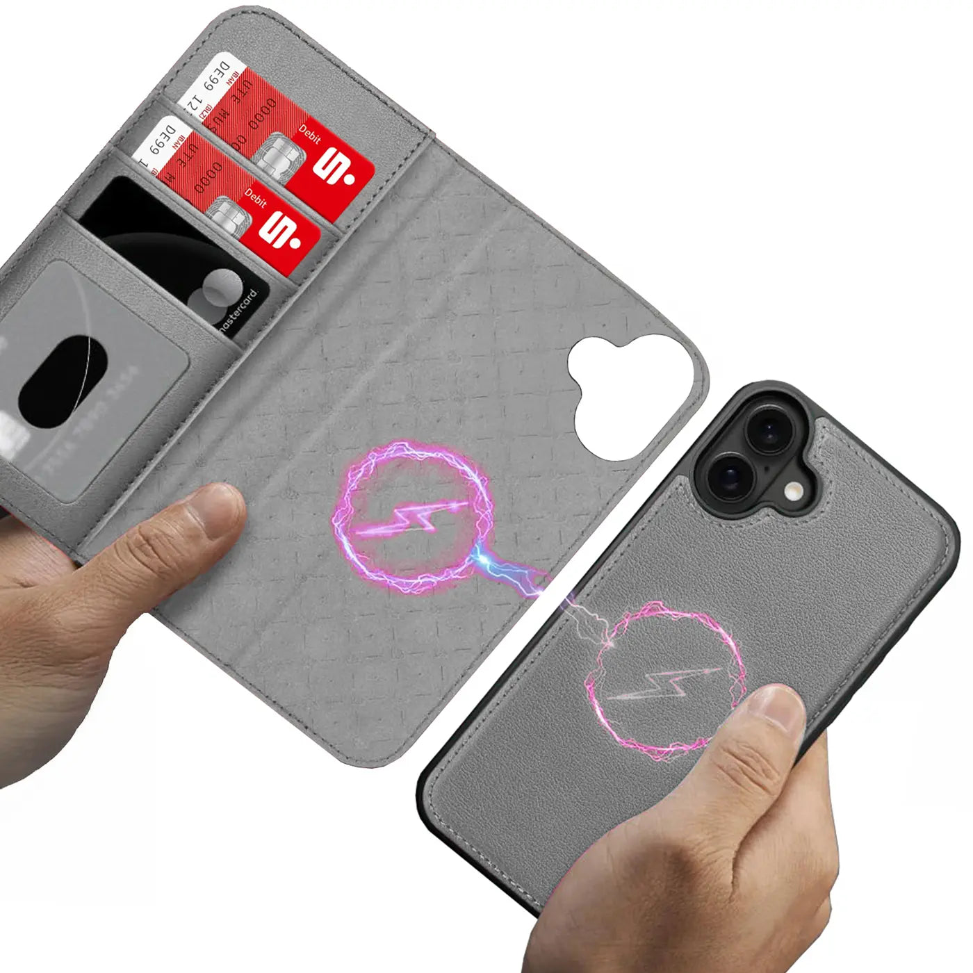 Graue Leder-Klapphülle mit Kartenfach und MagSafe-Symbol, daneben ein graues iPhone-Modell.