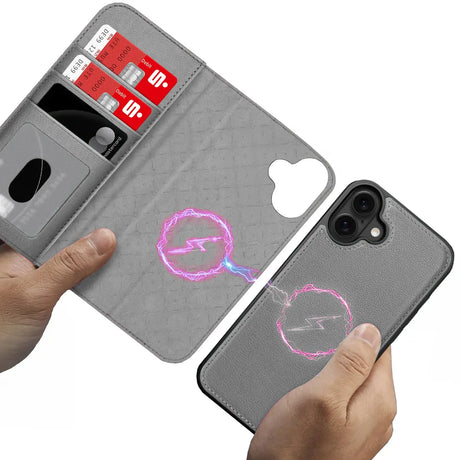 Magnetische 2-in-1 Klapphülle für iPhone 17 in Grau mit herausnehmbarer Hülle und Kartenfächern