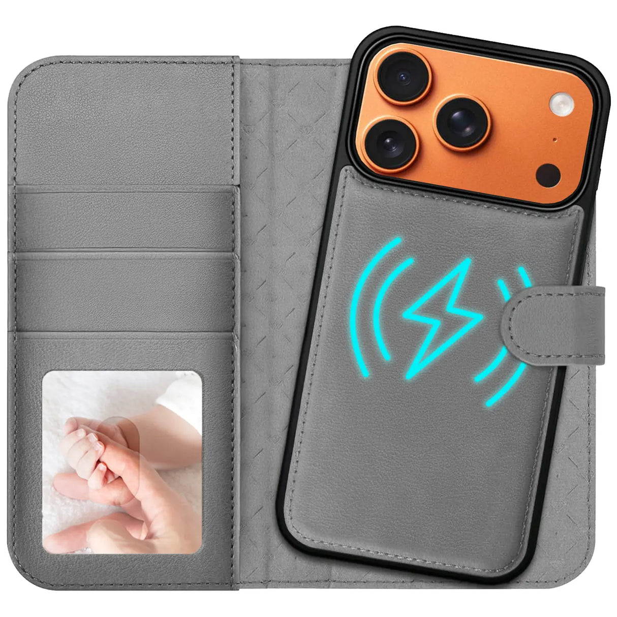 Magnetische 2-in-1 Klapphülle für iPhone 17 Pro in Grau mit herausnehmbarer Hülle und Kartenfächern