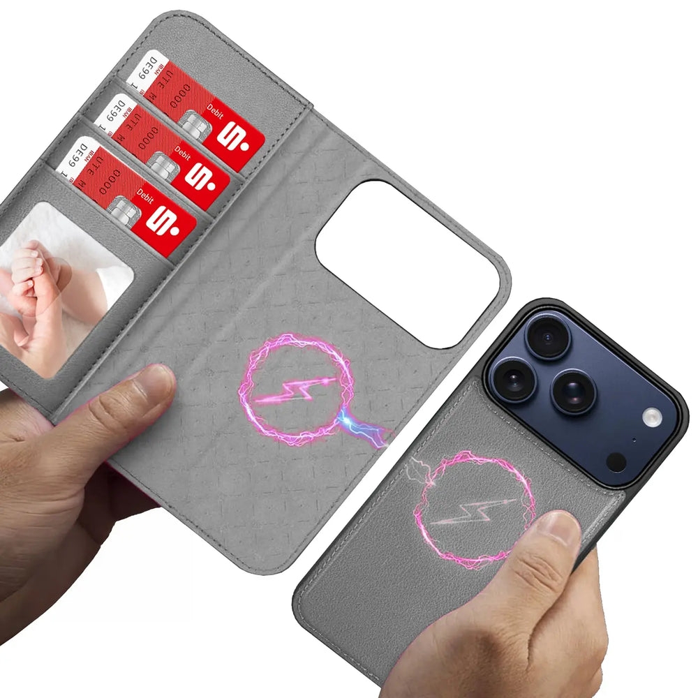 Magnetische 2-in-1 Klapphülle für iPhone 17 Pro in Grau mit herausnehmbarer Hülle und Kartenfächern