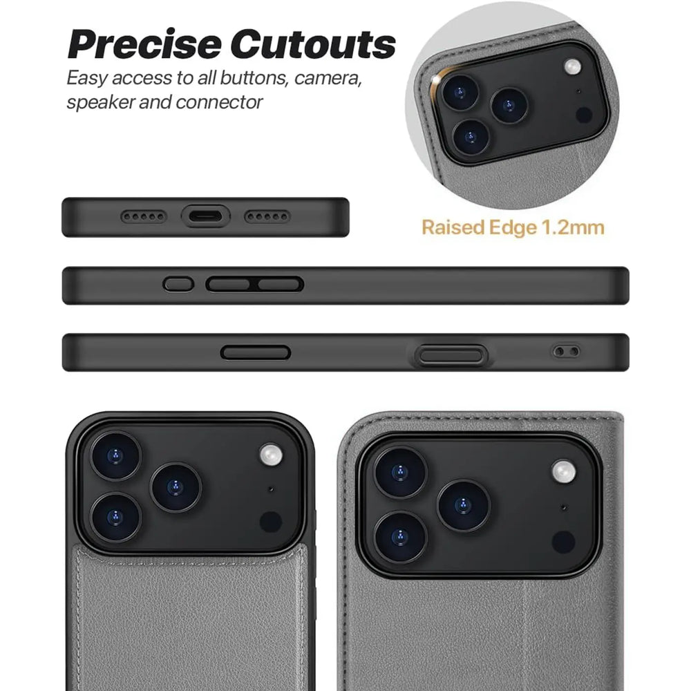 Magnetische 2-in-1 Klapphülle für iPhone 17 Pro in Grau mit herausnehmbarer Hülle und Kartenfächern