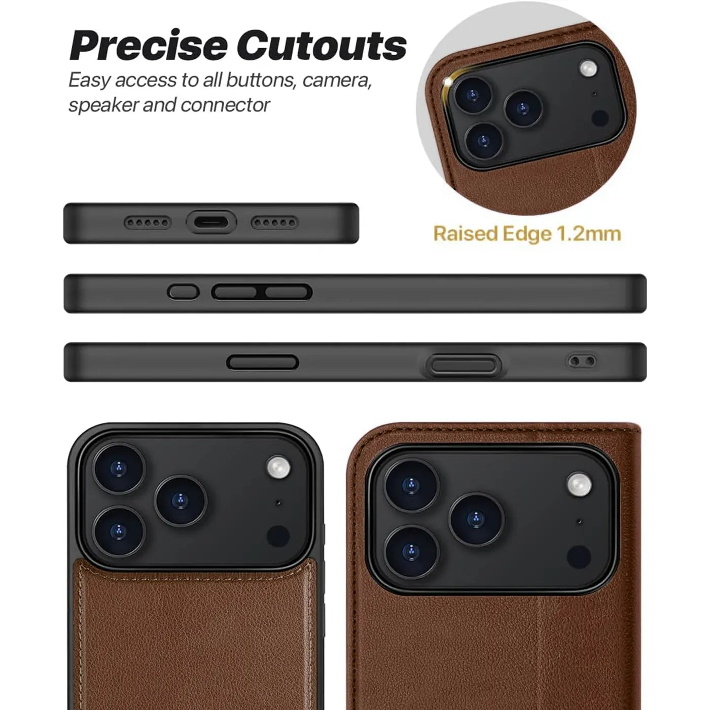 Braune Lederhülle mit Kartenfach für iPhone 17 Pro Max, Rückansicht, Nahaufnahme.