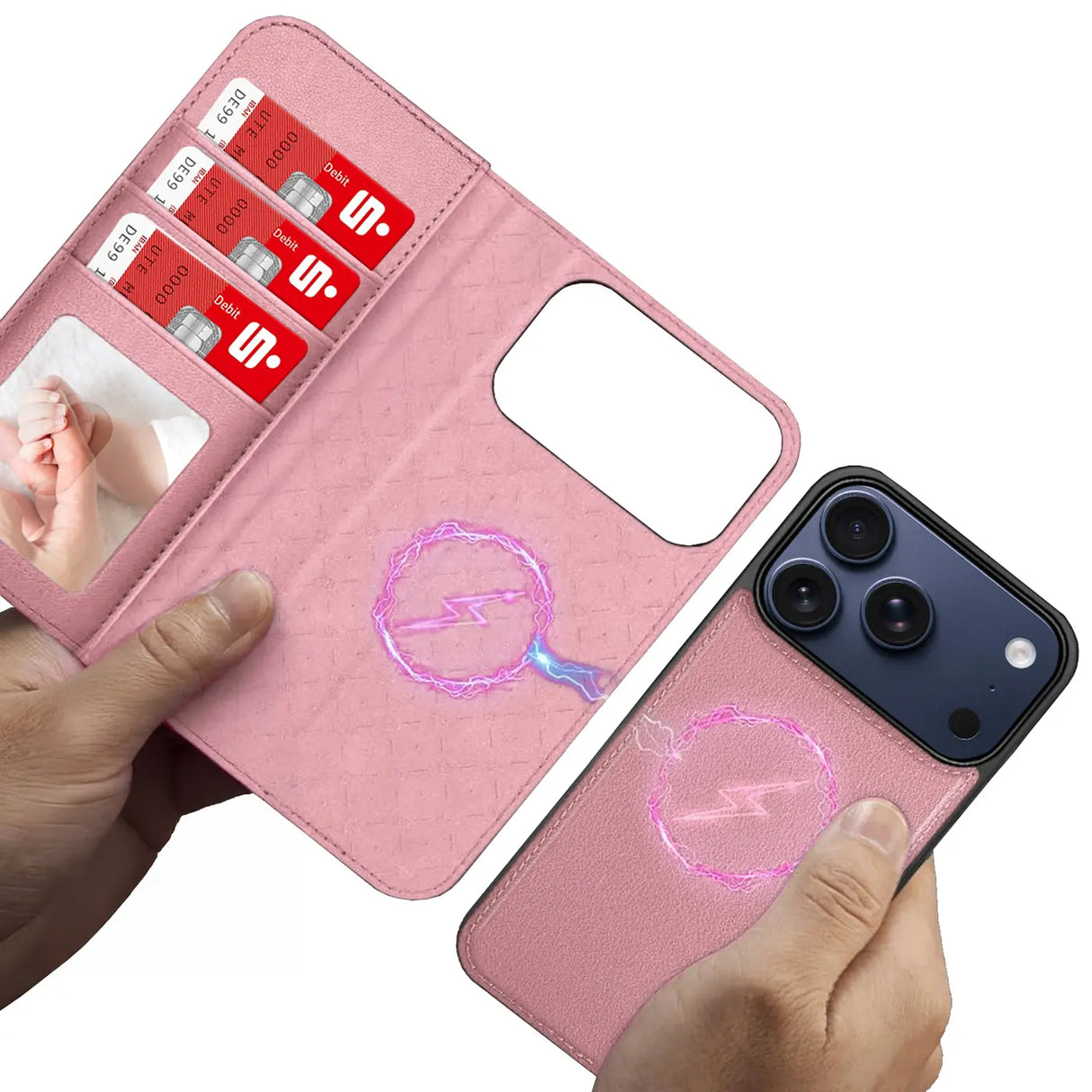 Magnetische 2-in-1 Klapphülle für iPhone 17 Pro in Rosegold mit herausnehmbarer Hülle und Kartenfächern