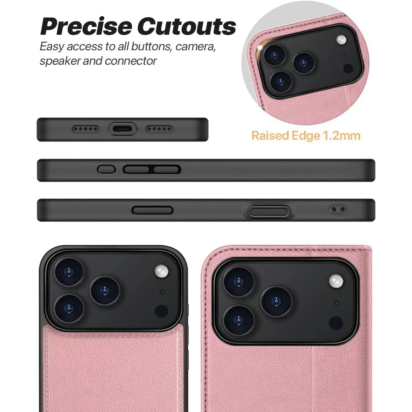 Rosa Lederhülle mit Kartenfach für iPhone 17 Pro, Rückansicht, Nahaufnahme