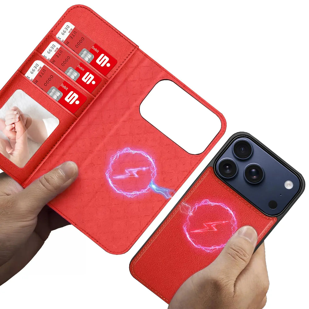 Magnetische 2-in-1 Klapphülle für iPhone 17 Pro in Rot mit herausnehmbarer Hülle und Kartenfächern