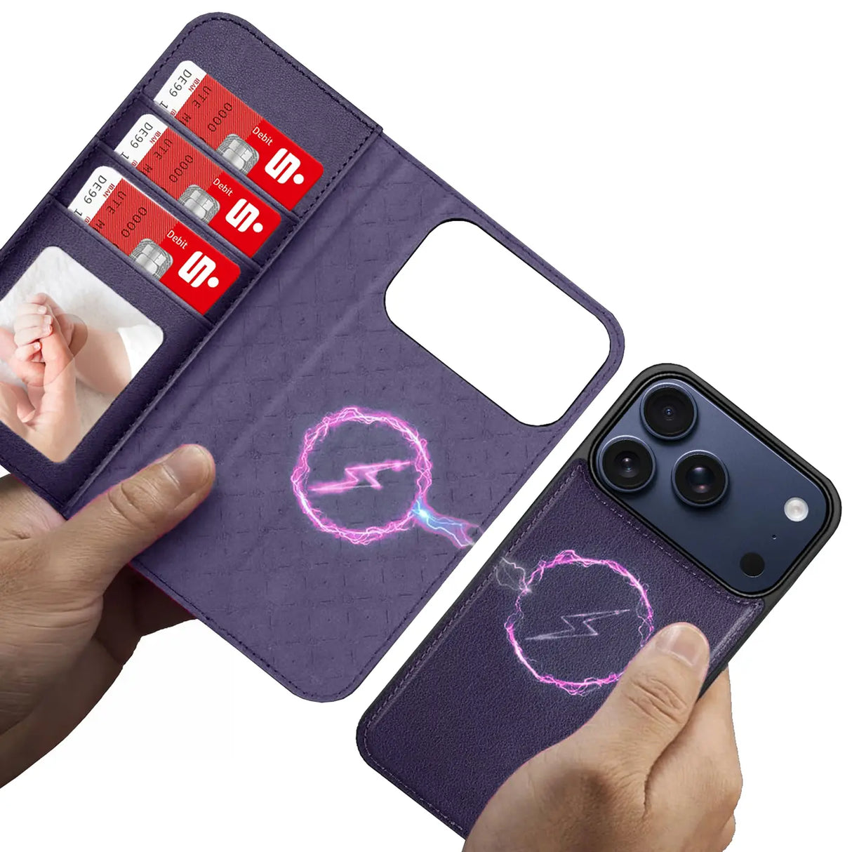 Magnetische 2-in-1 Klapphülle für iPhone 17 Pro in Violett mit herausnehmbarer Hülle und Kartenfächern