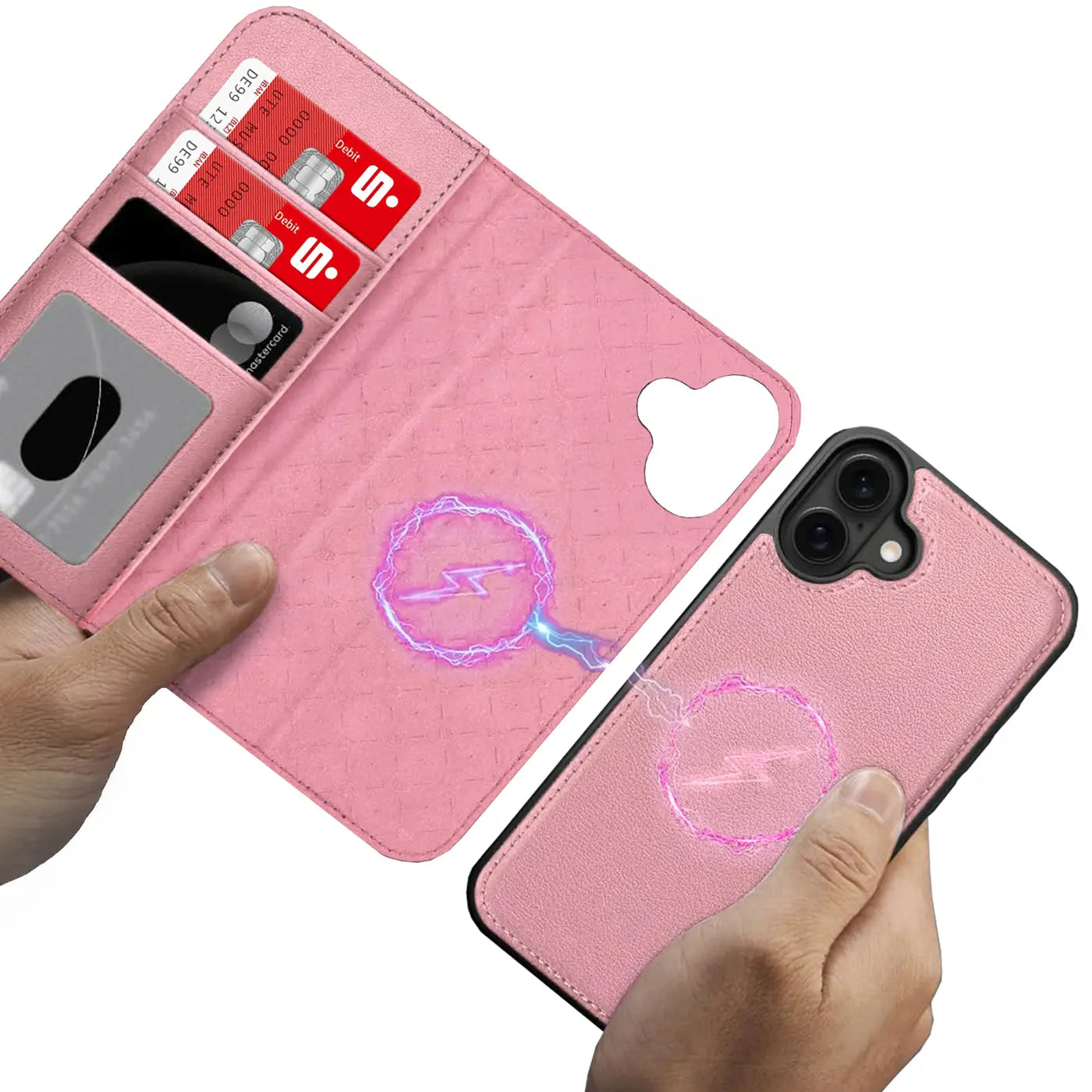 Rosa Kunstleder-Klapphülle mit Kartenfach, zeigt iPhone 17, MagSafe-Symbol