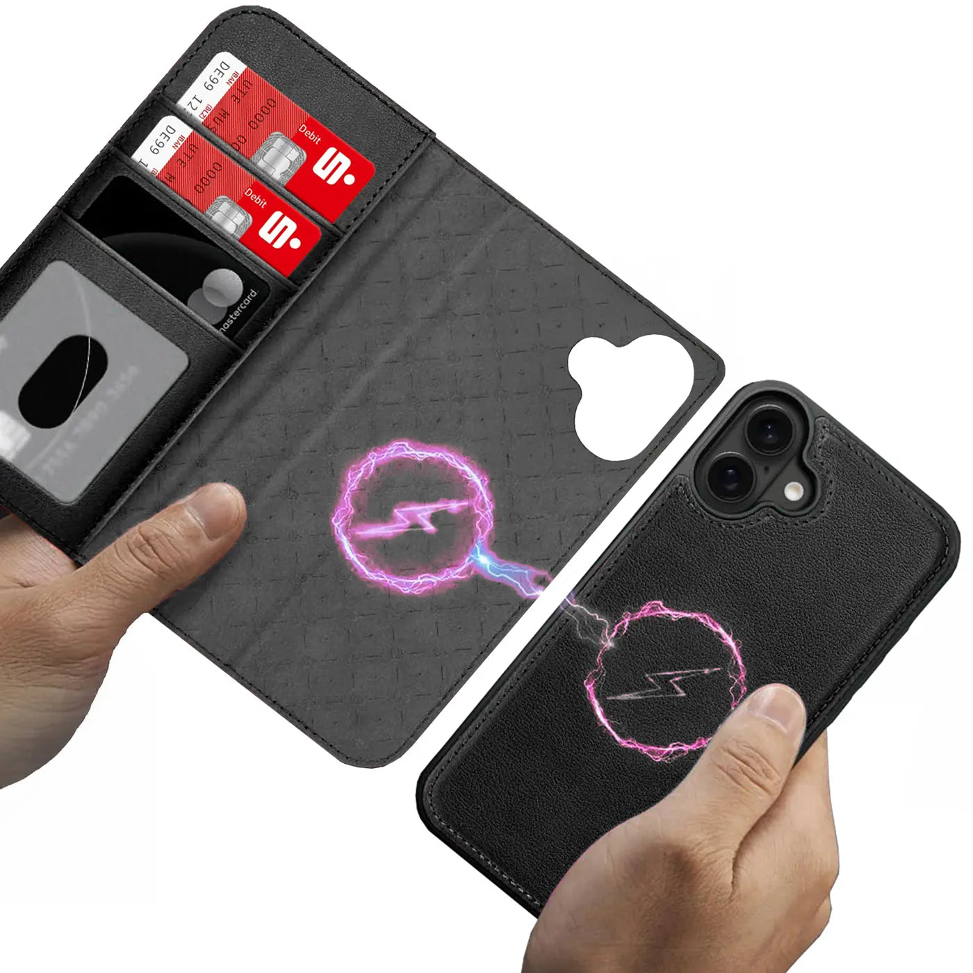 Schwarze Leder-Klapphülle mit Kartenfach und iPhone 14 Pro, MagSafe-Symbol