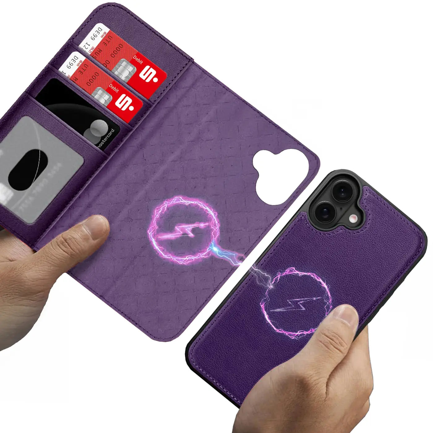Lila Kunstleder-Klapphülle mit Kartenfächern, MagSafe-Symbol, iPhone 14 Pro.