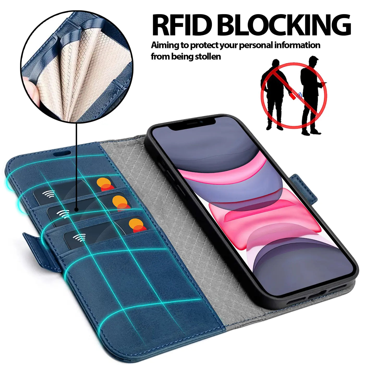 Dunkelblaue Kunstleder-Klapphülle mit Kartenfächern, iPhone 11, von oben schräg