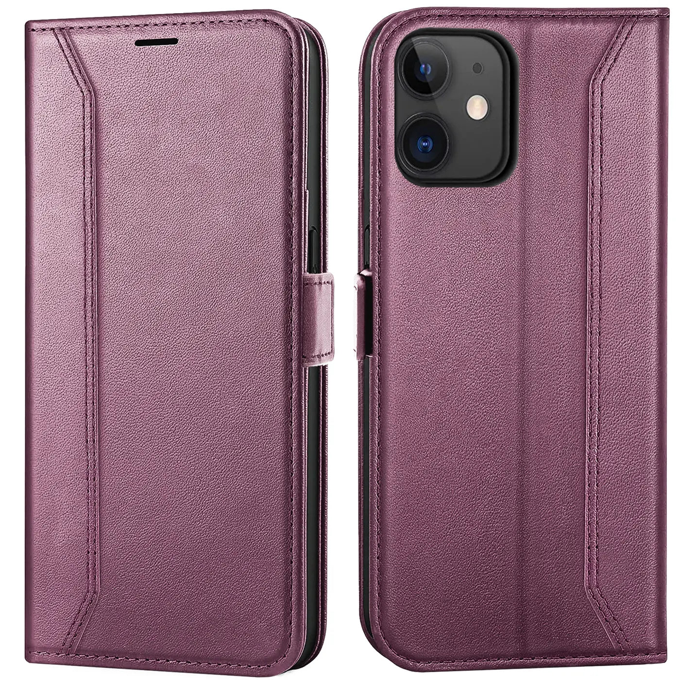 Lila Leder-Klapphülle mit RFID-Schutz für iPhone 11, Vorder- und Rückansicht