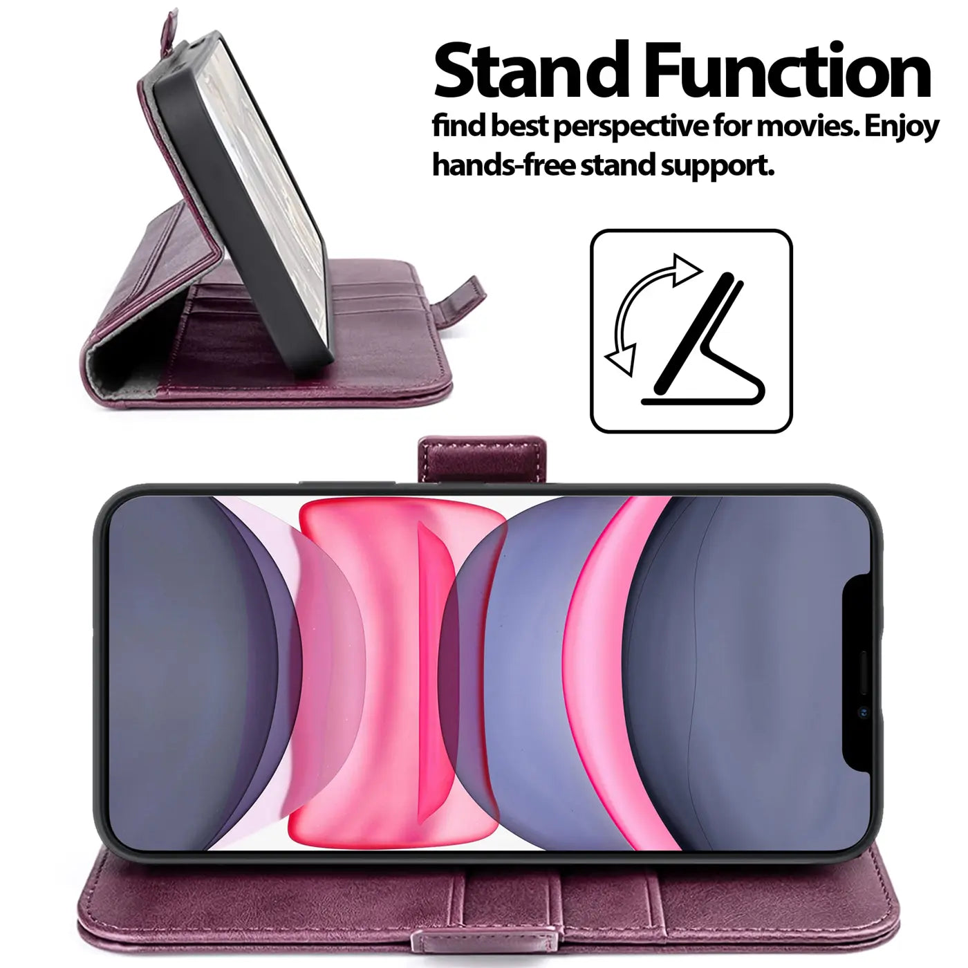 Dunkelrote Leder-Klapphülle für iPhone 11, Seitenansicht/Frontalansicht, mit Standfunktion.