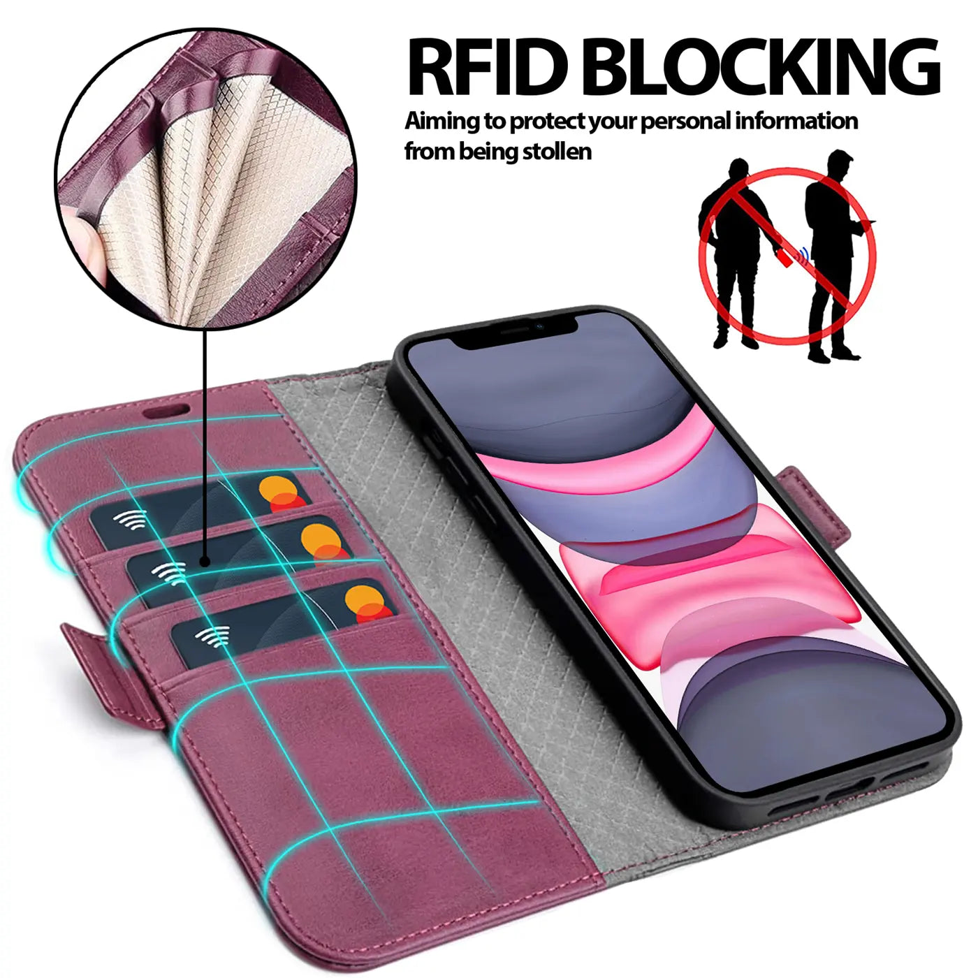 Dunkelrote Leder-Klapphülle mit Kartenfächern und iPhone 11.