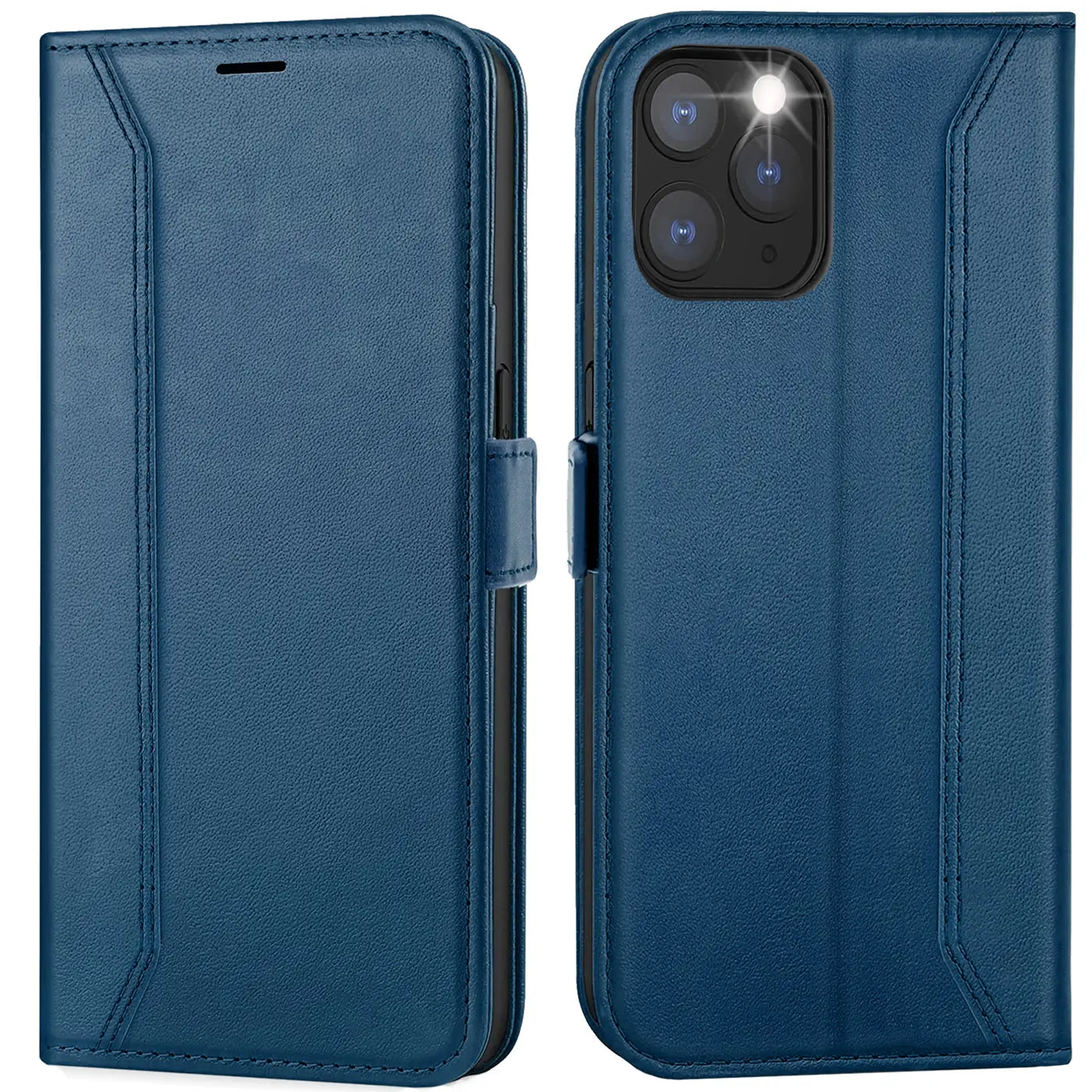 Blaue Leder-Klapphülle mit RFID-Schutz, Vorder- und Rückansicht, zeigt iPhone 11 Pro