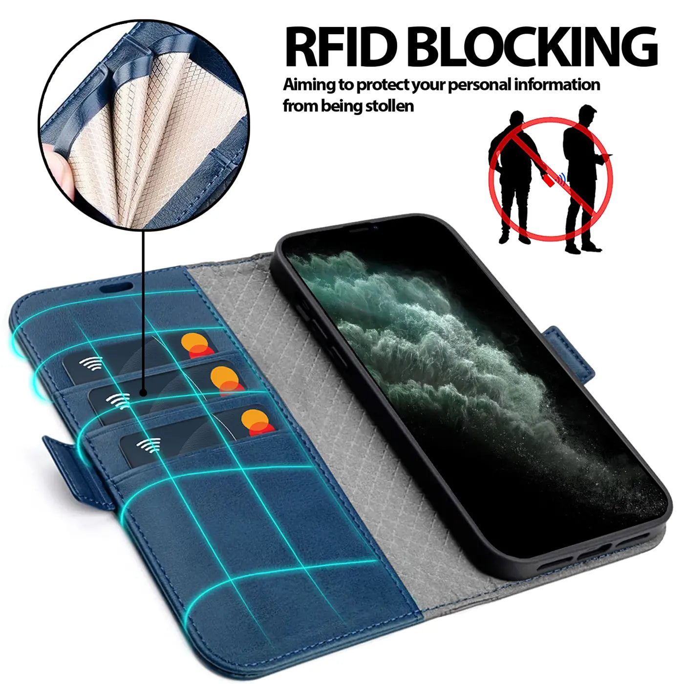 Blaue Leder-Klapphülle mit Kartenfächern für iPhone 11 Pro, von vorne links