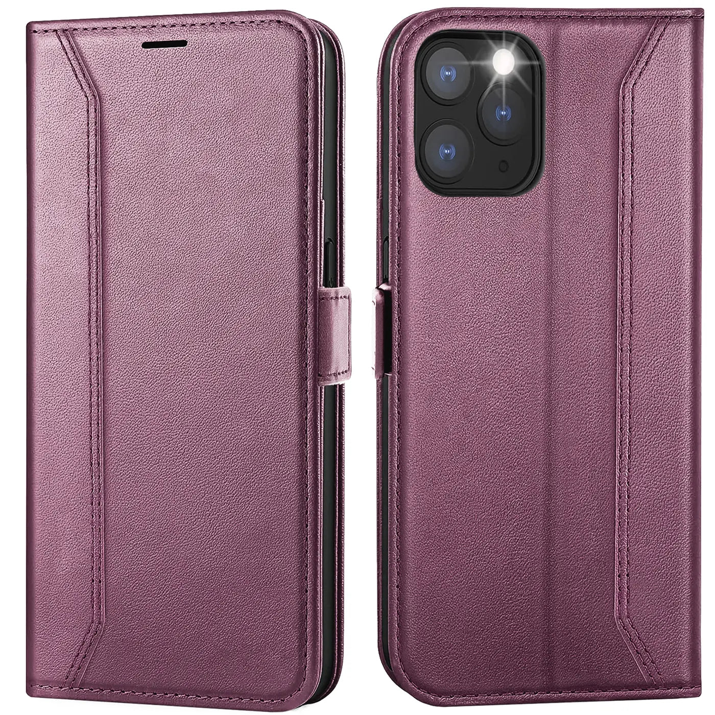Lila Leder-Klapphülle, Vorder- und Rückansicht, für iPhone 11 Pro