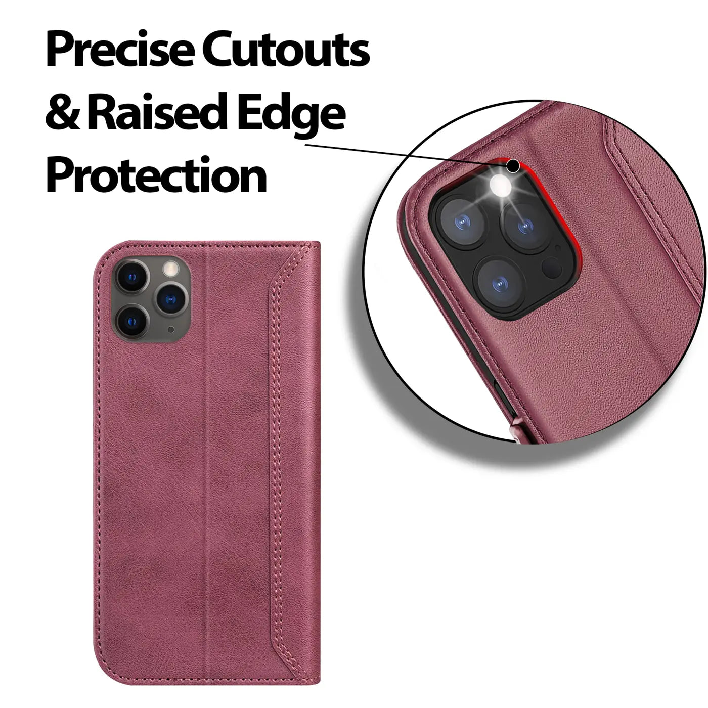 Dunkelrote Leder-Klapphülle für iPhone 11 Pro, Nahaufnahme der Kameraaussparung.
