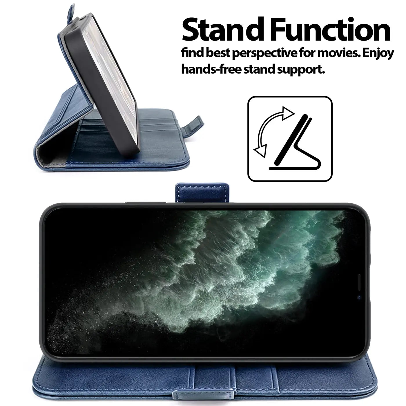 Blaue Leder-Klapphülle mit iPhone 11 Pro Max im Querformat, Seitenansicht.