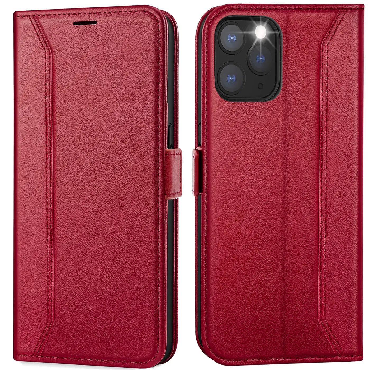 Rote Leder-Klapphülle für iPhone 11 Pro Max, Vorder- und Rückansicht