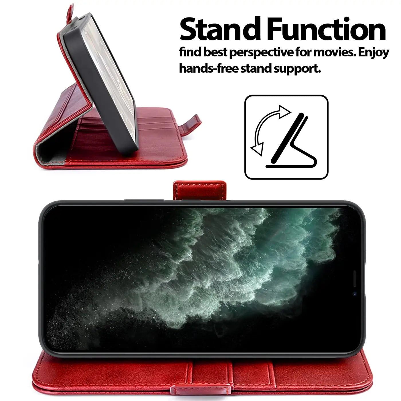 Rote Leder-Klapphülle mit iPhone 11 Pro Max, Seitenansicht und Frontansicht.