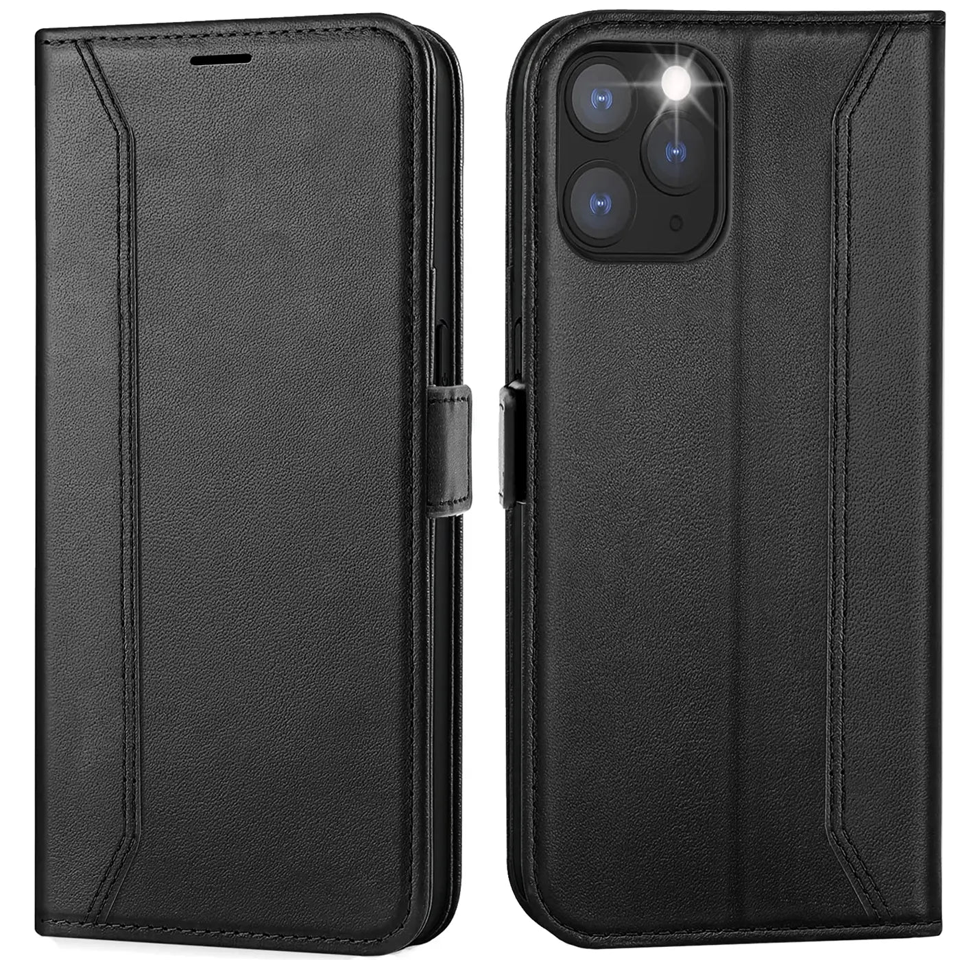 Schwarze Leder-Klapphülle für iPhone 11 Pro Max, Vorder- und Rückansicht.