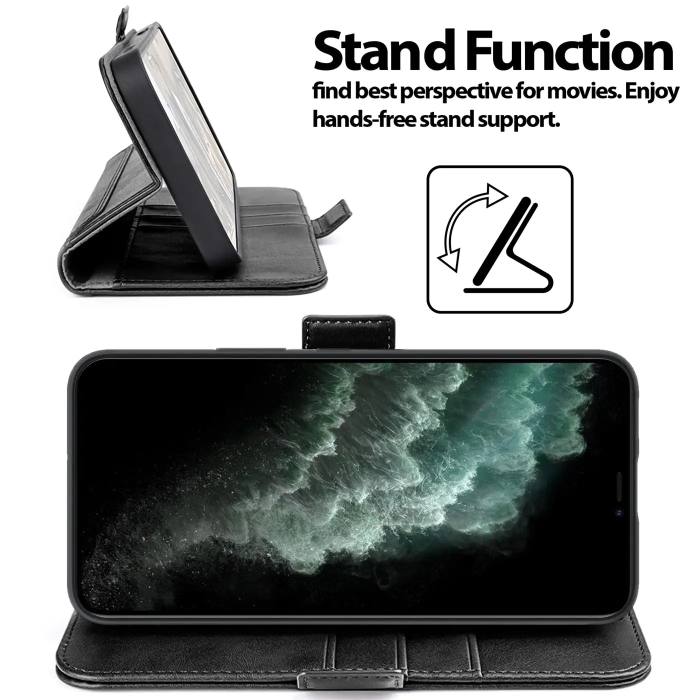 Schwarze Leder-Klapphülle mit Standfunktion für iPhone 11 Pro Max, Seitenansicht und Frontansicht.