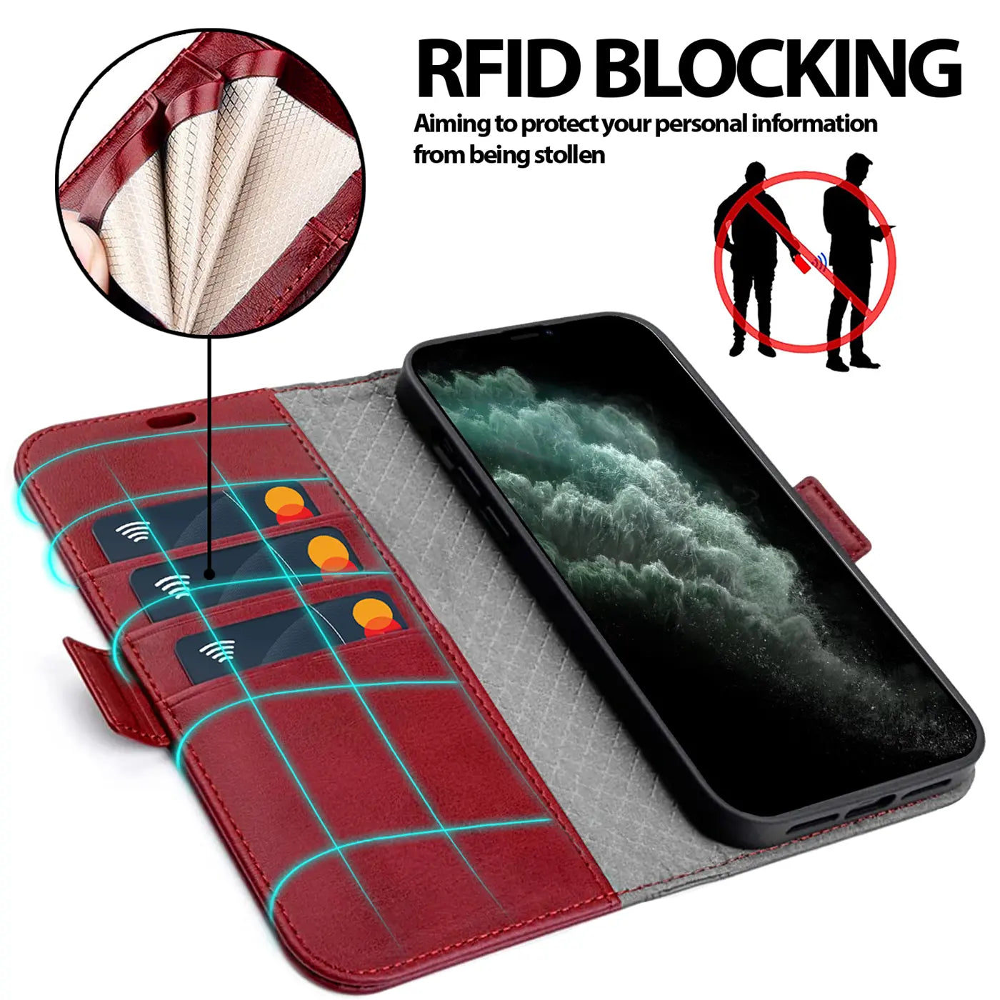 Rote Leder-Klapphülle mit Kartenfächern und iPhone 11 Pro, von oben.