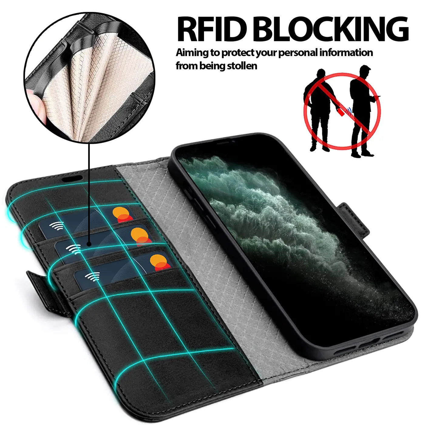 Schwarze Leder-Klapphülle mit Kartenfächern und iPhone 11 Pro, von oben links