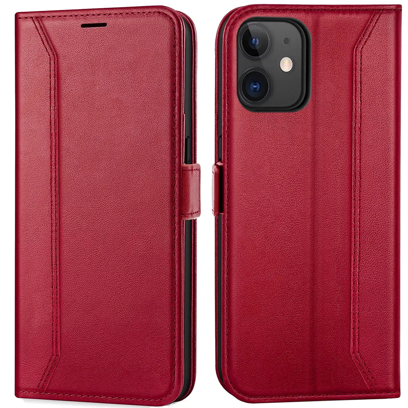 Rote Leder-Klapphülle mit RFID-Schutz, Vorder- und Rückansicht, iPhone 11