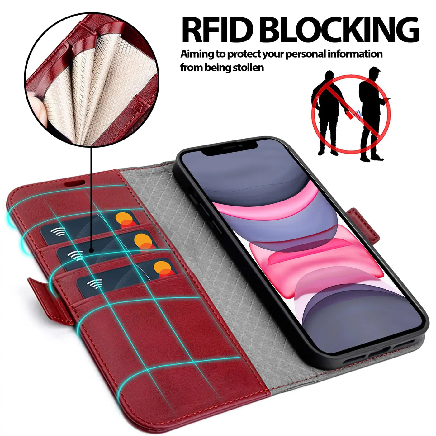 Rote Leder-Klapphülle mit Kartenfächern für iPhone 11, von oben betrachtet.