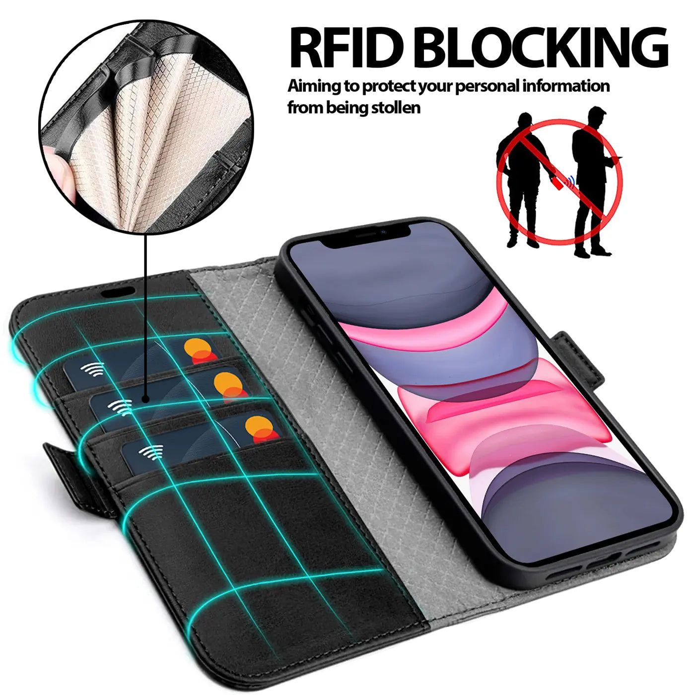Schwarze Leder-Klapphülle mit Kartenfächern für iPhone 11, von oben gesehen.