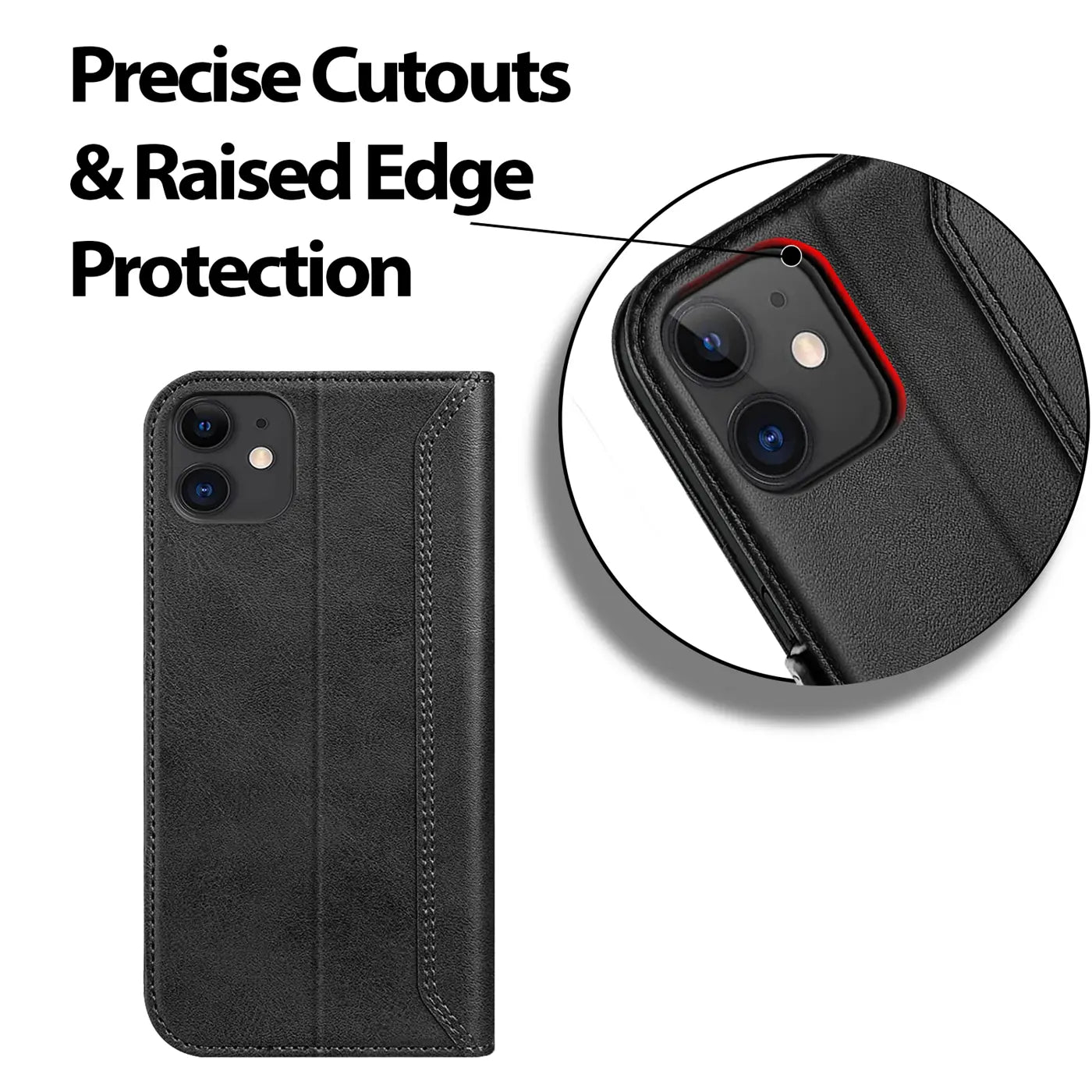 Schwarze Leder-Klapphülle für iPhone 11, Vorderansicht, Nahaufnahme der Kamera.