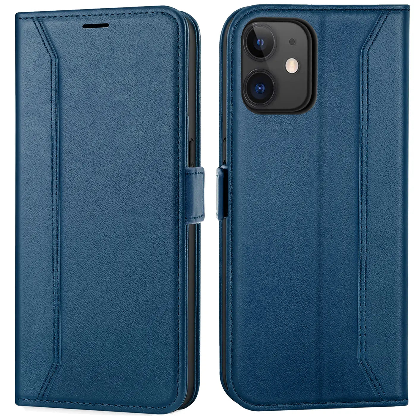Blaue Kunstleder-Klapphülle mit RFID-Schutz, Vorder- und Rückansicht, iPhone 12 Mini.