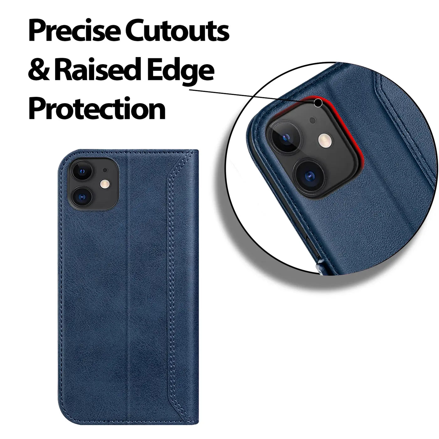 Dunkelblaue Leder-Klapphülle mit iPhone 12 Mini, Nahaufnahme der Kamera.