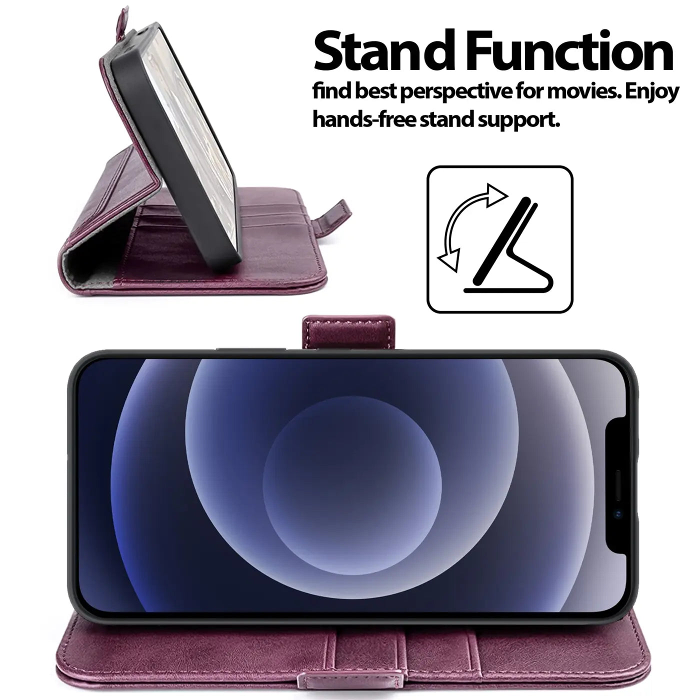 Dunkelrote Leder-Klapphülle mit iPhone 12 Mini im Querformat, Seitenansicht.