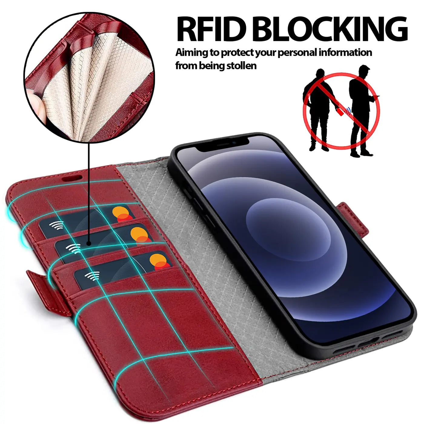 Rote Leder-Klapphülle für iPhone 12 Mini mit Kartenfächern, von oben gesehen.