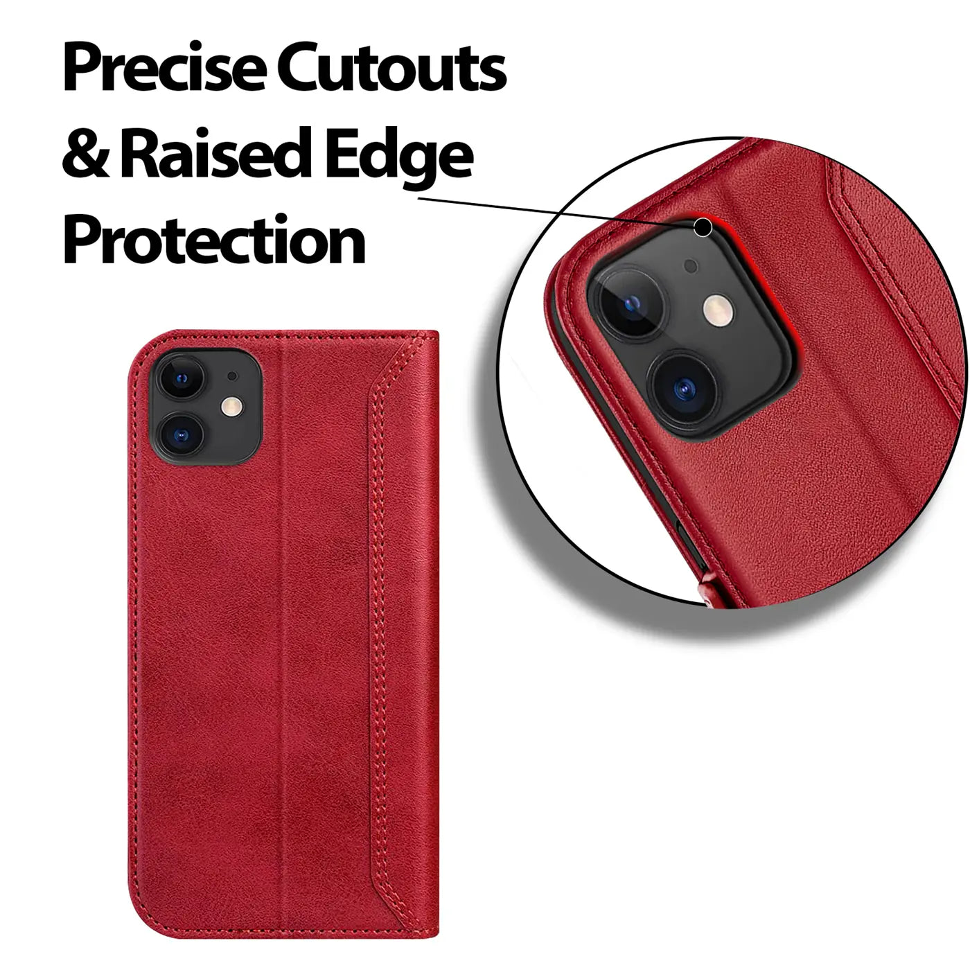 Rote Leder-Klapphülle für iPhone 12 Mini, Vorderansicht mit Detailaufnahme der Kamera.