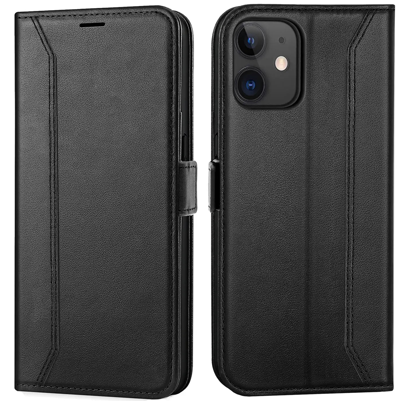 Schwarze Leder-Klapphülle mit RFID-Schutz, Vorder- und Rückansicht, iPhone 12 Mini.