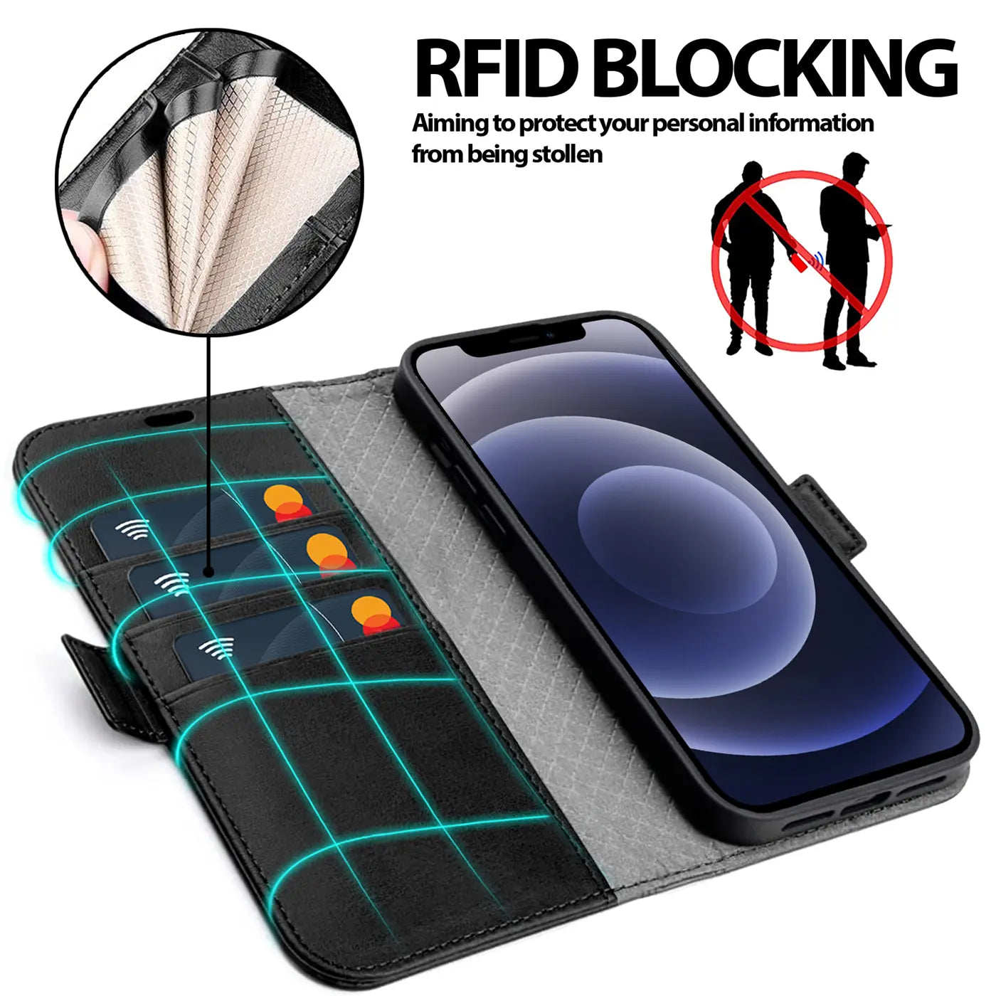 Schwarze Leder-Klapphülle mit Kartenfächern und iPhone 12 Mini, von oben schräg gezeigt.