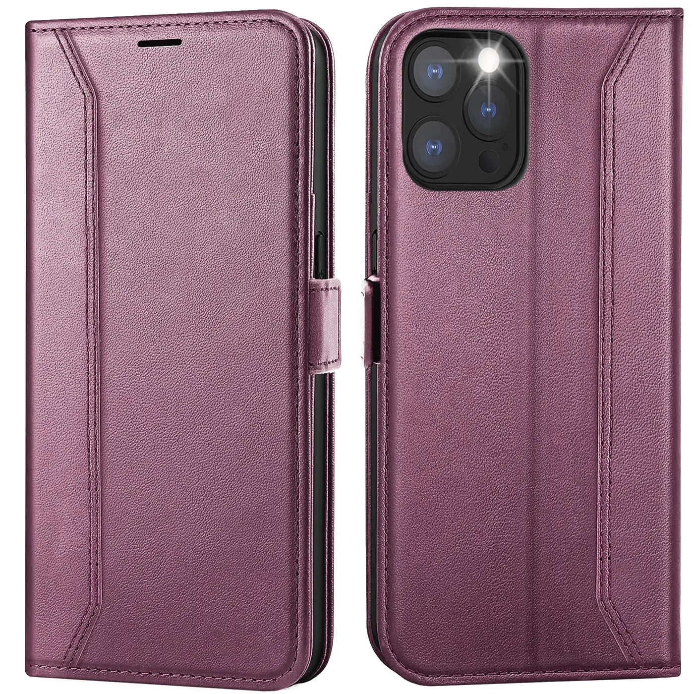 Lila Leder-Klapphülle für iPhone 12 Pro Max, Vorder- und Rückansicht.