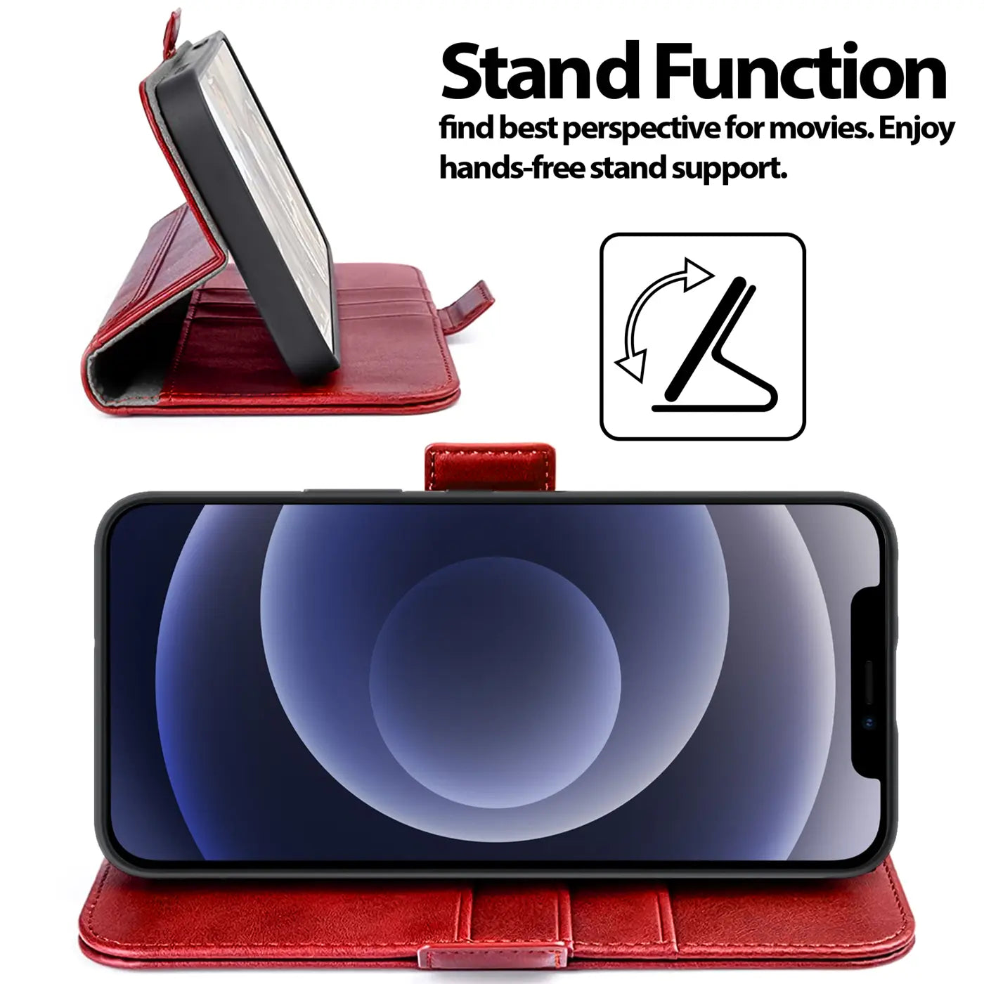 Rote Leder-Klapphülle mit iPhone 12 Pro Max, Seitenansicht, Standfunktion.