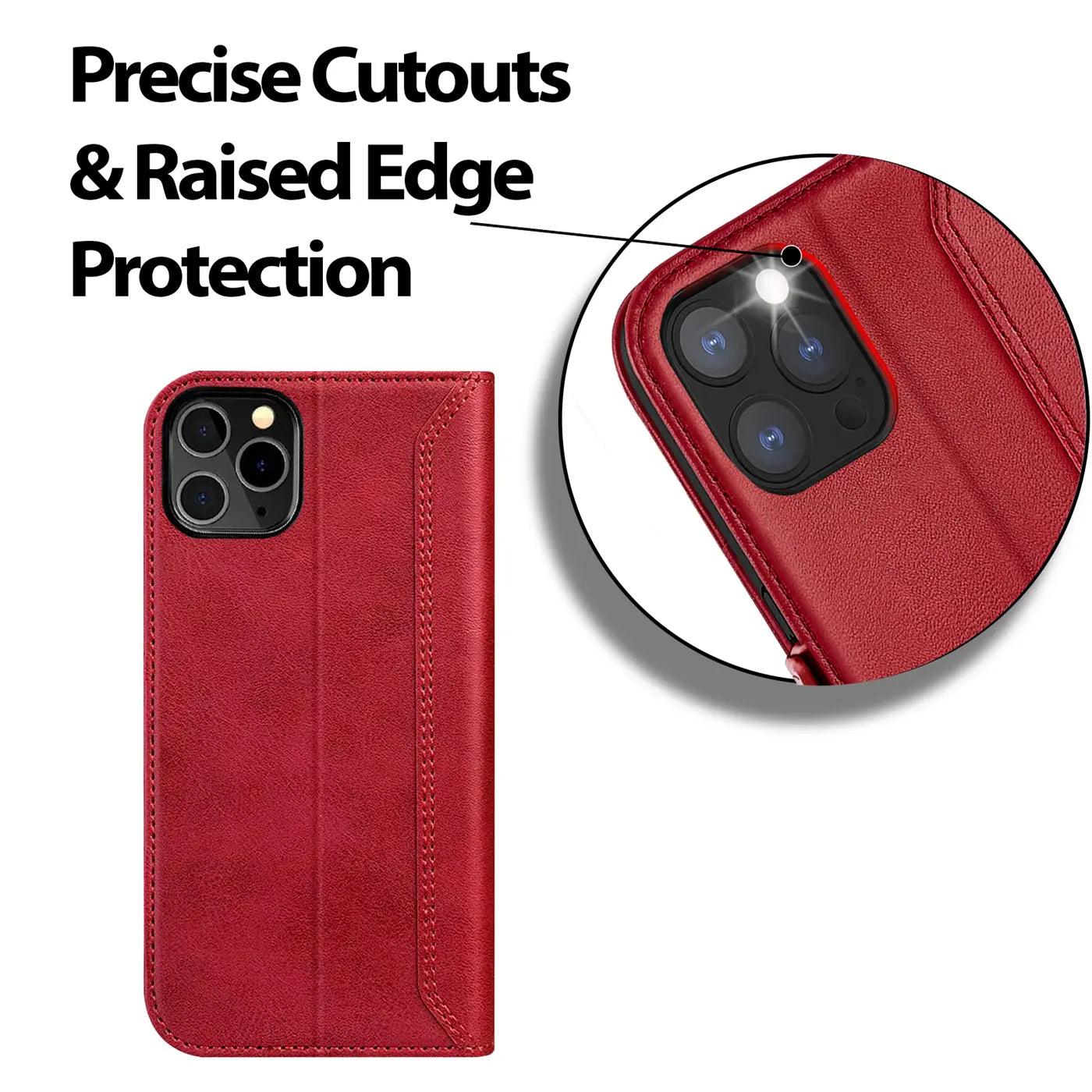 Rote Leder-Klapphülle für iPhone 12 Pro Max, von vorne und im Detail.