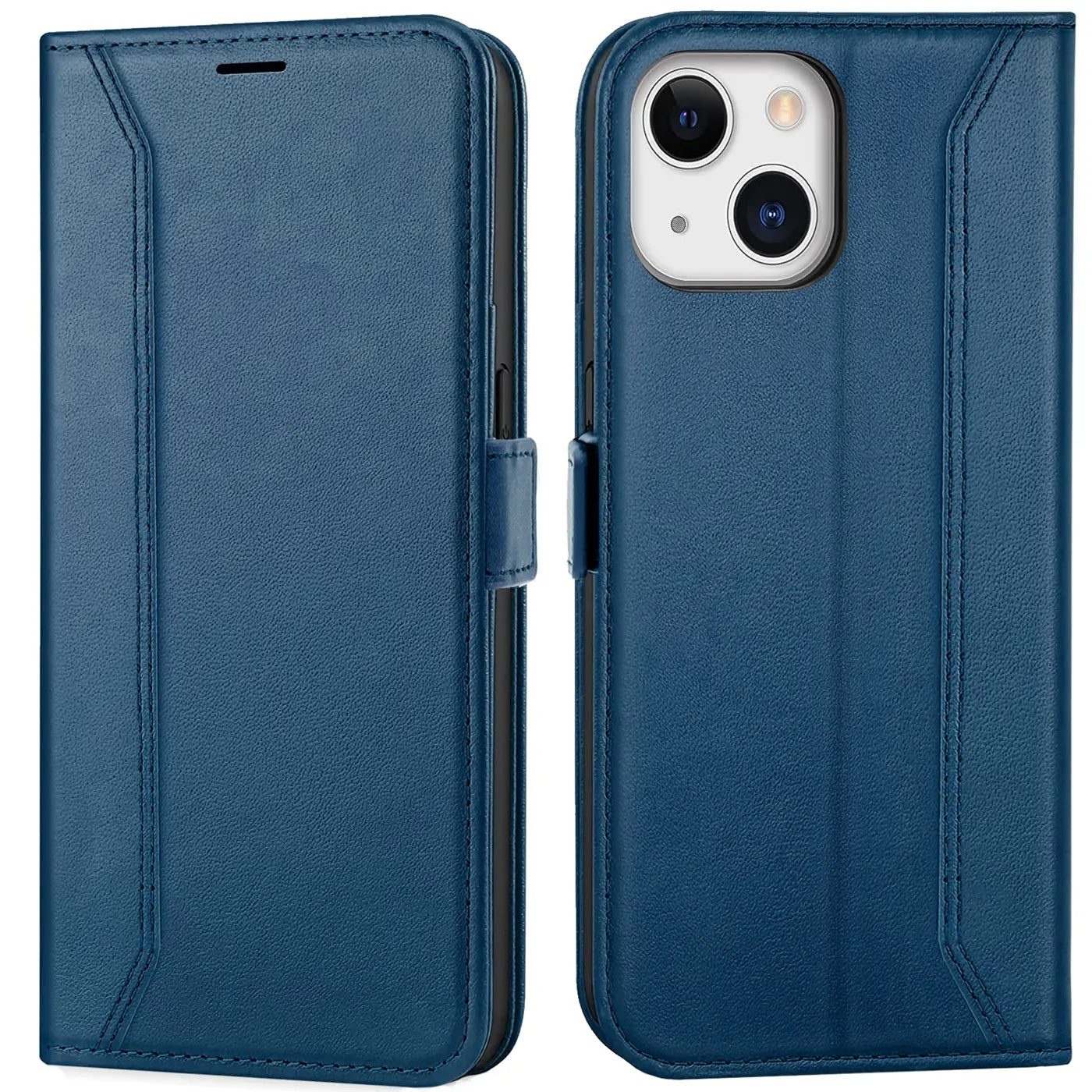 Blaue Leder-Klapphülle mit RFID-Schutz für iPhone 13, Vorder- und Rückansicht.