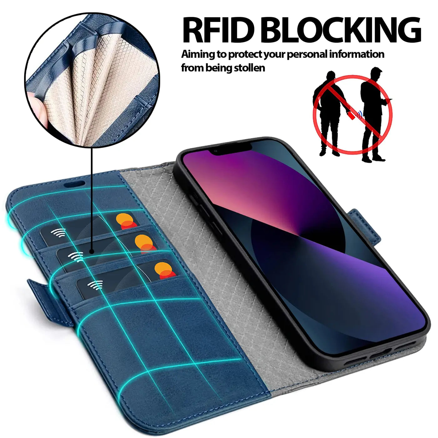 Blaue Klapphülle aus Leder mit Kartenfächern und iPhone 13, von oben links