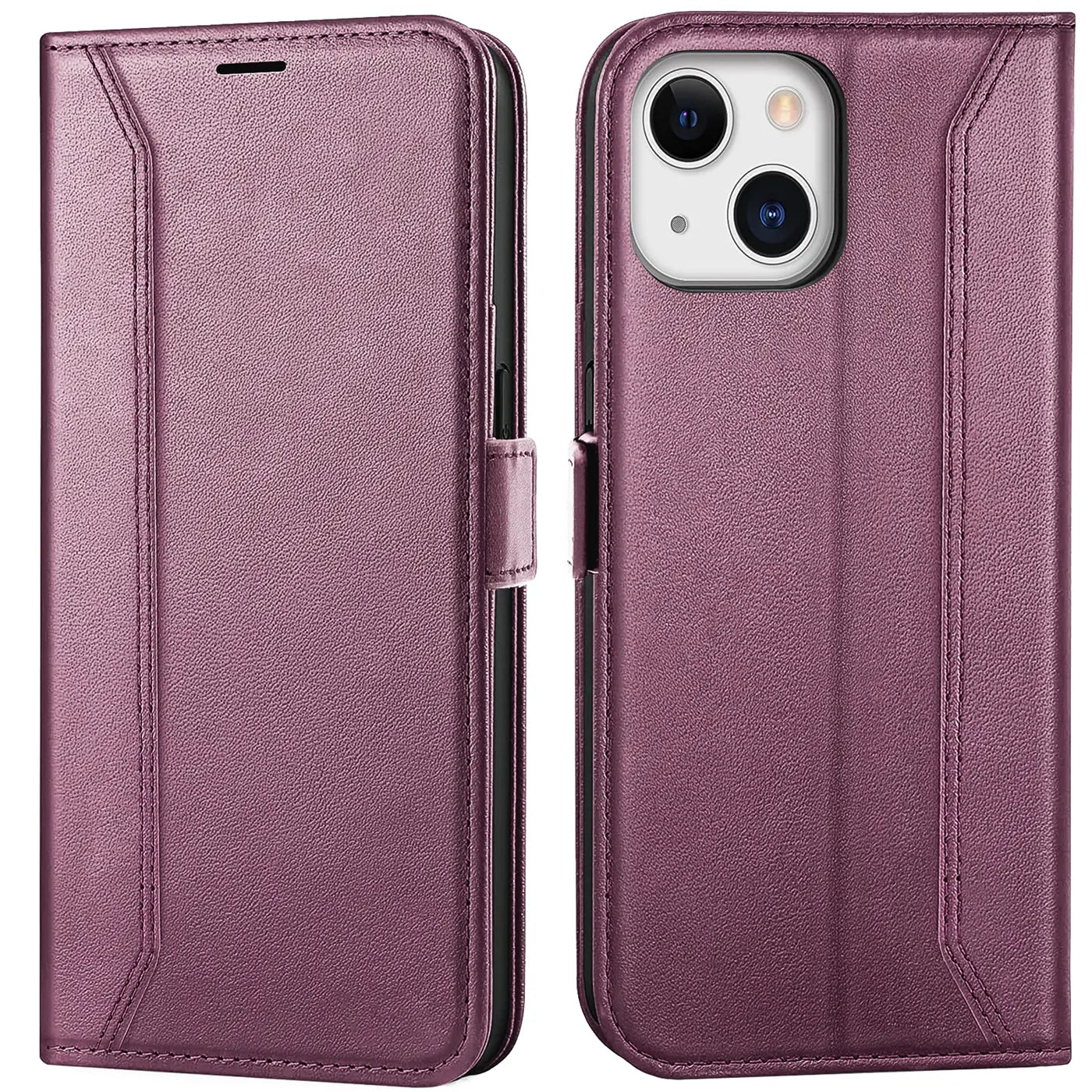 Lila Leder-Klapphülle mit RFID-Schutz für iPhone 13, Vorder- und Rückansicht.