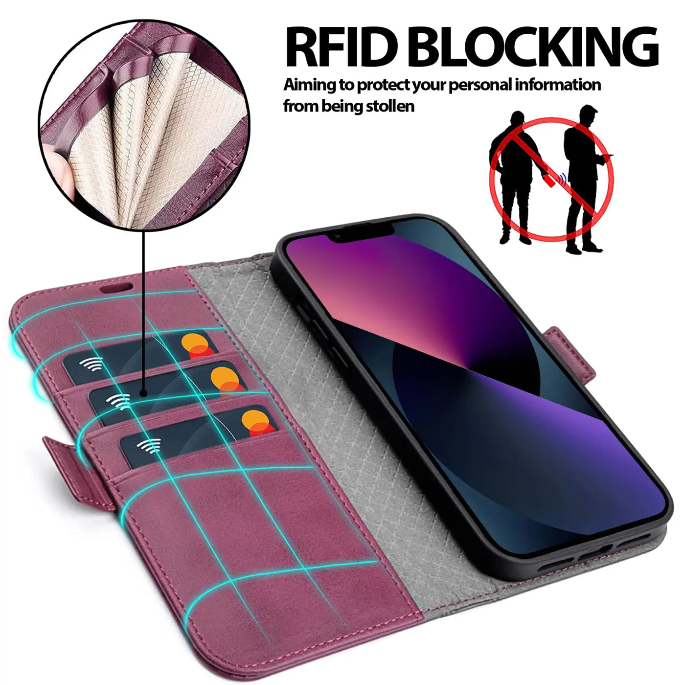 Lila Leder-Klapphülle mit Kartenfächern und iPhone 13, von oben, mit RFID-Symbolen.